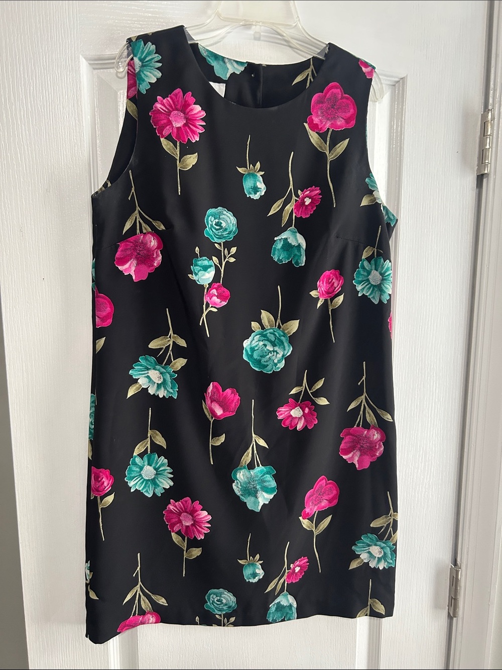 Black Floral Shift Dress with Teal & Fuchsia Blooms, size Petite Medium